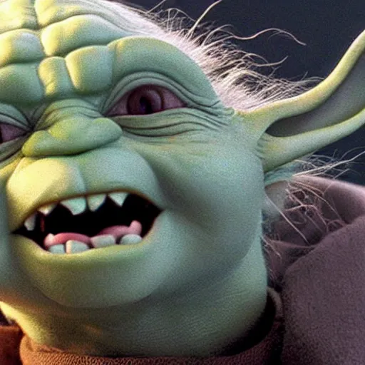 Prompt: extremely zoomed-in photo of Yoda looking very surprised with his mouth open