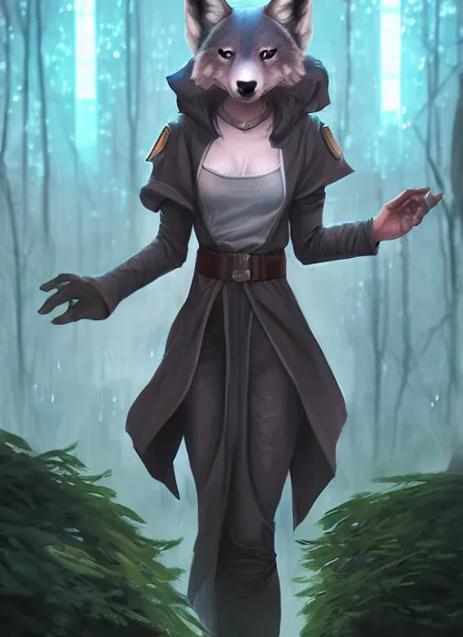 Prompt: commission of a beautiful portrait of a female anthro wolf fursona wearing jedi robes in a forested cyberpunk city. character design by charlie bowater, ross tran, artgerm, and makoto shinkai, detailed, soft lighting, rendered in octane