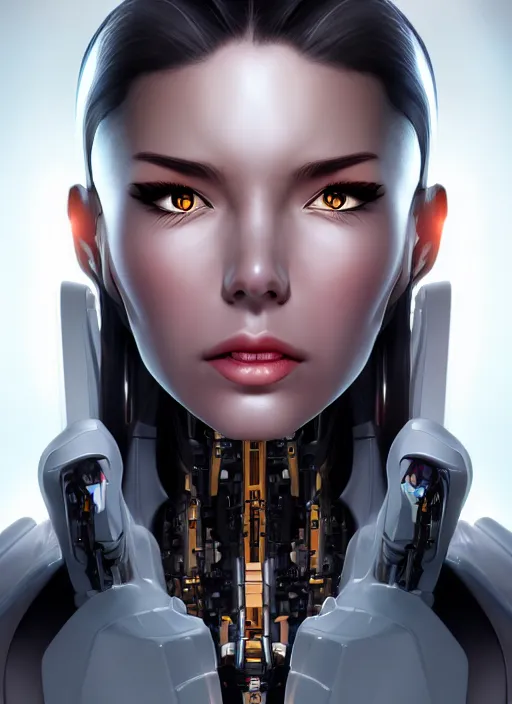 Image similar to portrait of a cyborg woman by Artgerm, (((((face turns left))))) (((((((face turns right))))))), eyes closed , biomechanical, hyper detailled, trending on artstation