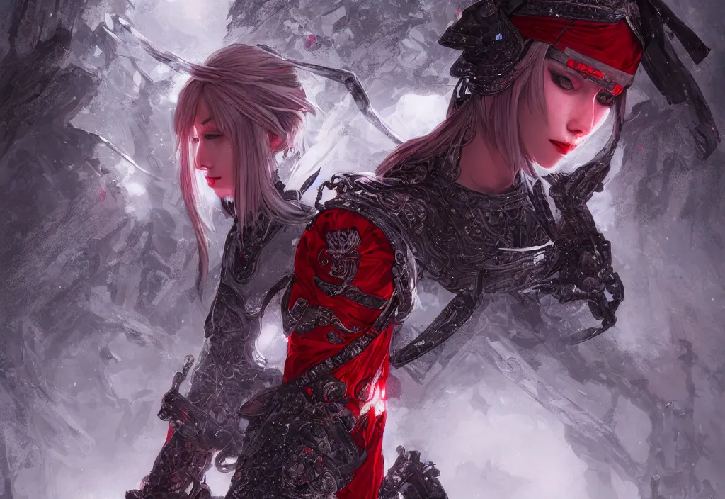 Image similar to portrait ninja gaiden girl, armored white and red reflective vests ninja wardrobe, at snowy fuji mountain fallen night, ssci - fi and fantasy, intricate and beautiful and detailed, digital painting, artstation, concept art, smooth and sharp focus, illustration, art by tian zi and wlop and alphonse mucha