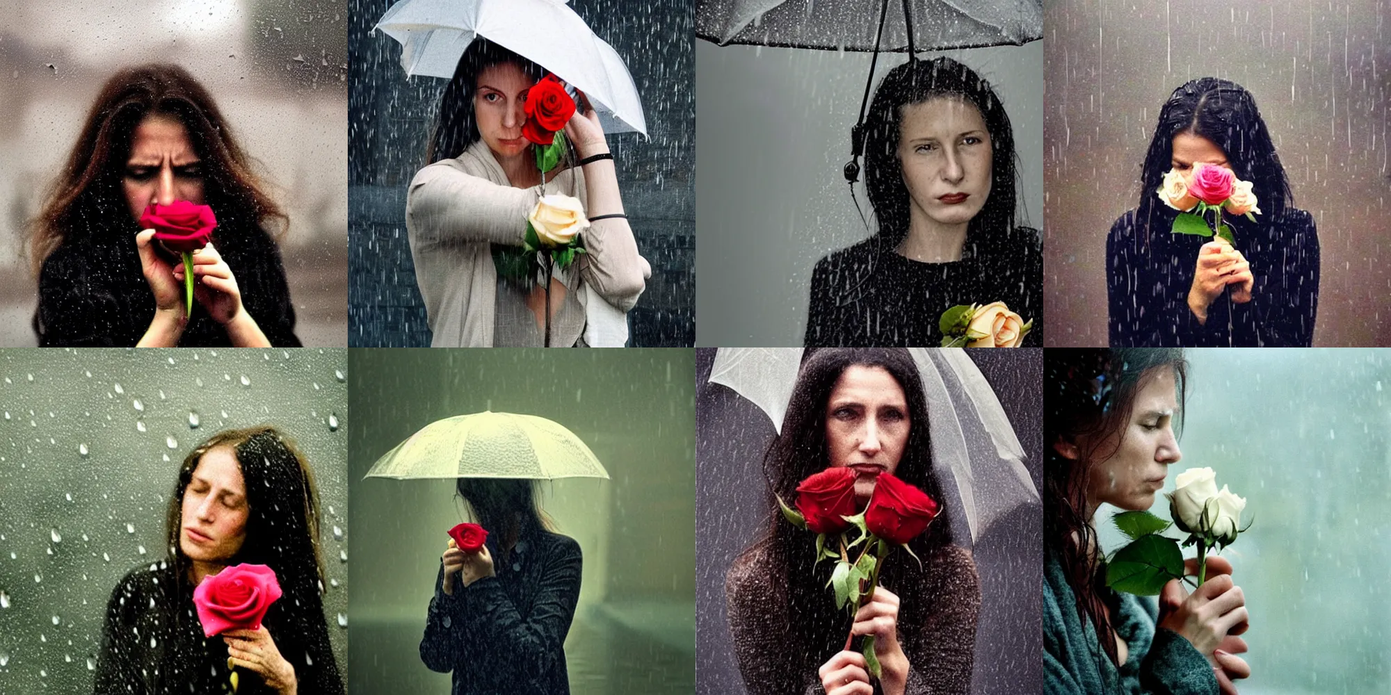 Prompt: a photo of a sad woman clutching a rose in the rain!!!!!!!!!!, photorealistic!!!!!, photo by annie leibovitz, moody