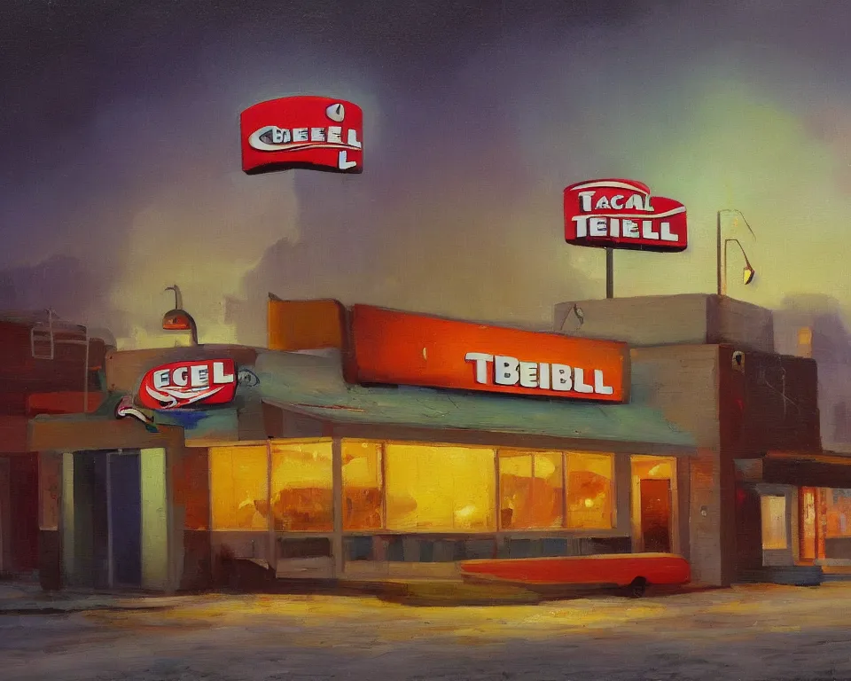 Prompt: an achingly beautiful oil painting of a derelict Taco Bell standing alone in the center of a vibrant futuristic arctic city by Raphael and Hopper.