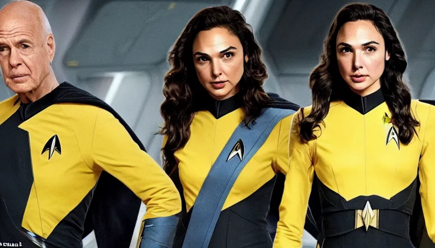 Prompt: Gal Gadot, wearing a yellow uniform, is the captain of the starship Enterprise in the new Star Trek movie