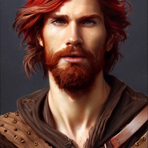 Prompt: portrait of a young ruggedly handsome but joyful pirate, male, masculine, upper body, red hair, long hair, d & d, fantasy, sharp features, intricate, elegant, highly detailed, digital painting, artstation, concept art, matte, sharp focus, illustration, art by artgerm and greg rutkowski and alphonse mucha