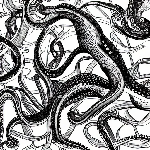 Image similar to interlocking shapes of fishes turning into octopuses, M.c. Escher, black and white, 4k