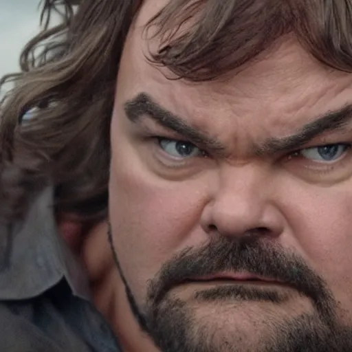 Prompt: jack black looking peaceful while escaping a raging building fire, movie still, 8 k