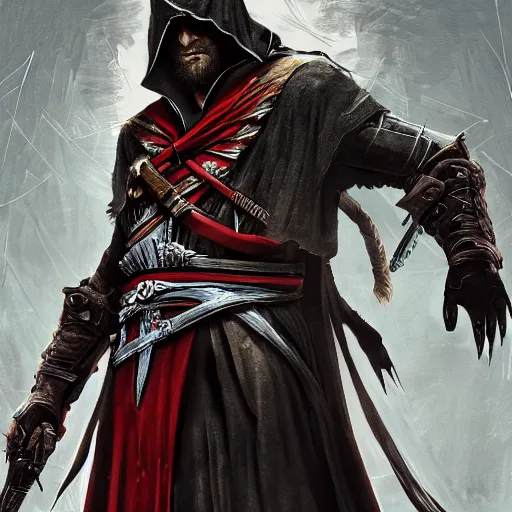 Image similar to an ultra detailed vector image of ezio auditore dressed as the hunter from bloodborne, concept art by alphonse mucha and greg rutkowski, praise the blood moon, octane render, liminal space