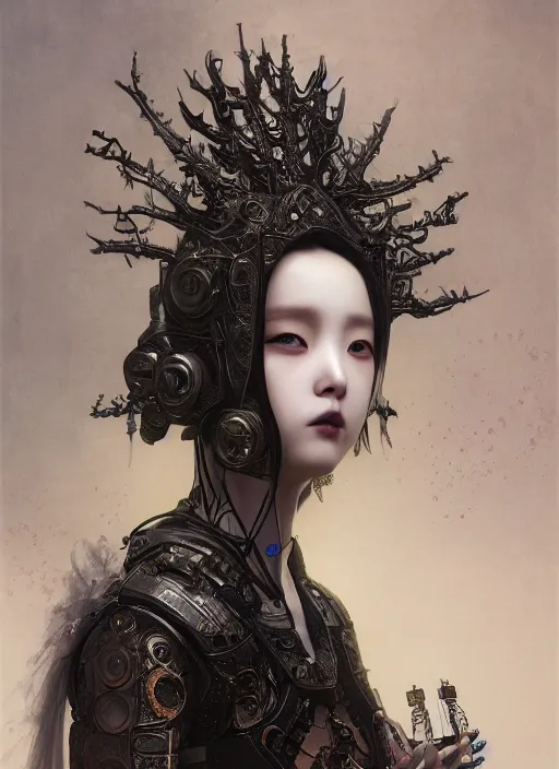 Image similar to portrait of a sensual cybernetic korean goth girl, inagi, modern fine art, fractal, intricate ornaments, elegant, highly detailed, digital photography, subsurface scattering, by jheronimus bosch and greg rutkowski,