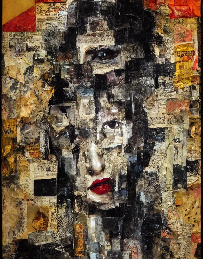 Prompt: vicious sight detailed and highly reliefed analogue mixed media collage with canvas texture in style of conteporary art, dada 20s, photorealistic, expressionism, masterpiece, perfect composition, realistic beautiful shady face, spectacular quality, intricate oil details