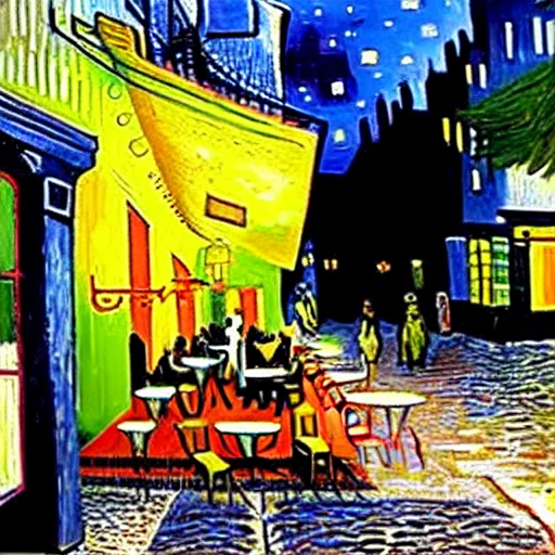 Prompt: Photo of Cafe Terrace at night by Vincent Van Gogh