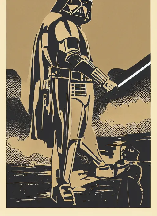 Prompt: a mid - century modern vintage lifelike illustration, screen printed, textured, paper texture, of star wars