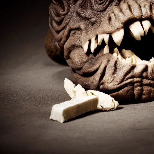 Image similar to rancor eating a bone, moody lighting, shallow depth of field,