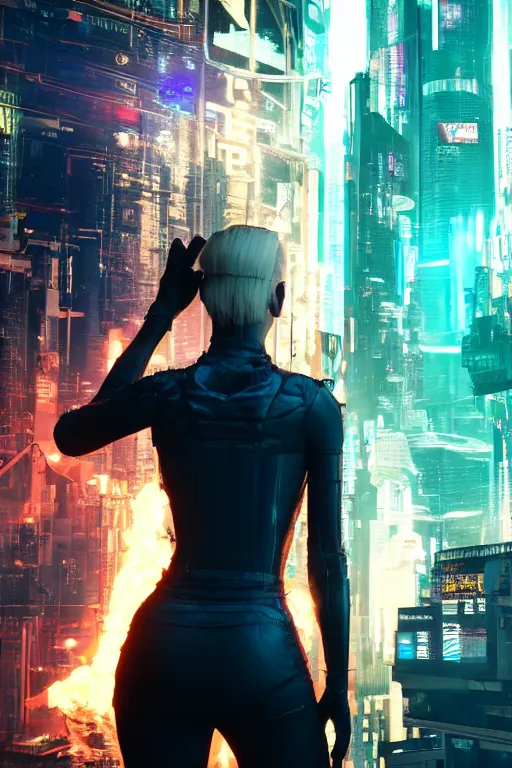 Prompt: in the foreground a cyberpunk city, in the background a beautiful young blonde woman from behind playing with flames coming out of her skin wearing a long matrix-style jacket, realistic, high definition, many details, dramatic scene, symmetrical face, realistic eyes , cyberpunk art 2077