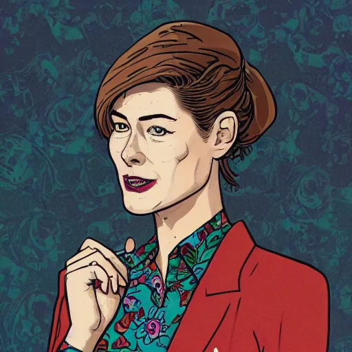 Prompt: rosamund pike with dark - hair as the doctor, wearing a colourful floral pattern three - piece suit, complementary colours, 2 d matte, graphic novel, art by laurie greasley and mike mignola,
