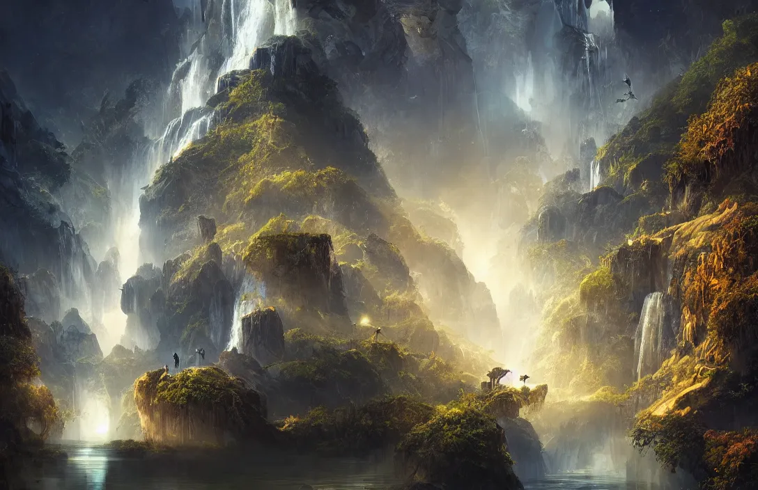 Image similar to a huge arc far away in the style of stephan martiniere, detailed dreamscape, hyperreal phantastic, intricate details in environment, golden ratio, high aestehtic, waterfalls and lakes, cinematic light dramatic light, lightrays, flying birds in distance, trending on artstation