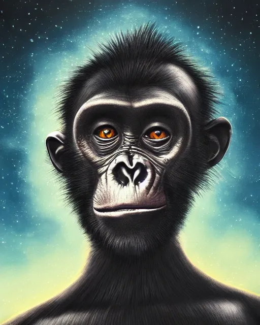 Image similar to very detailed high resolution illustration portrait of a phantom pirate chimpanzee head floating in space, backlit, night covered in stars, 3 d, 8 k, extremely detailed, artstation, furaffinity award winning