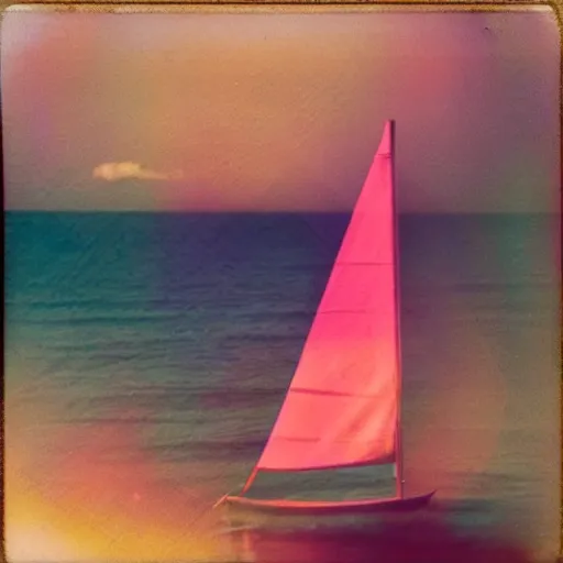 Prompt: a high fidelity pastel coloured Polaroid of a pink sail boat at sea, rainbow, volumetric light, god rays