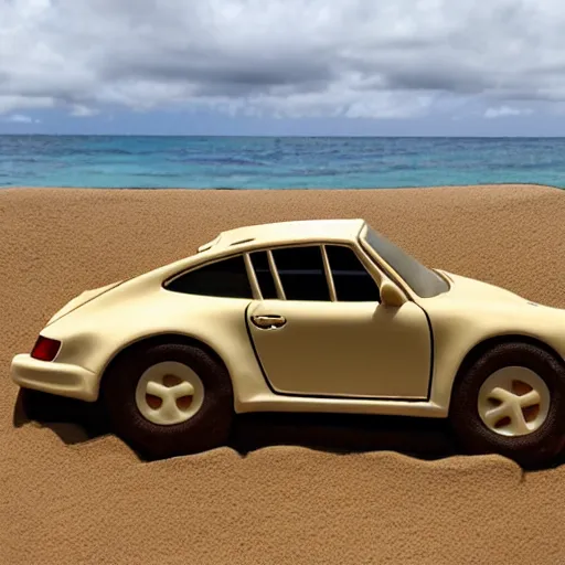 Image similar to sand sculpture of a porsche 9 1 1 on a hawaii beach photography iphone