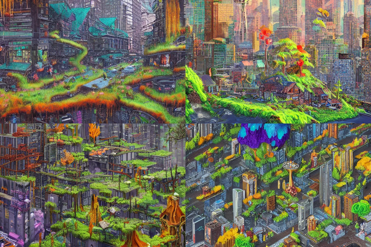 Prompt: Matte paining of a scene in Seattle with various fungi and slime molds overgrowing all structures, vivid color hues, trending on artstation