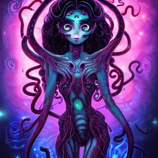 Image similar to A full shot of a dark fairy from the Abyss covered in opal. Symmetrical. Underwater. Lit from above. Dark foreboding Atmosphere. Sailor Moon. Tentacles. Kawaii. Neon glow. By Lisa Frank and HR Giger and Ross Tran. Key Art. Fantasy Illustration. award winning, Artstation, intricate details, realistic, Hyperdetailed, 8k resolution. Photoreal. Octane Render.