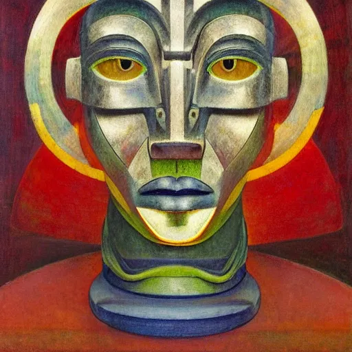 Prompt: head of a robot shaman, by annie swynnerton and edward hopper and jean delville and rufino tamayo and diego rivera and evelyn de morgan, art deco shaman, stylized geometric flowers, art brut, outsider art, symbolist, dramatic lighting, god rays, clean crisp graphics, smooth sharp focus, extremely detailed, adolf wolfli