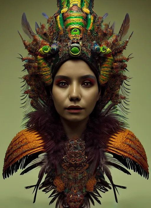 Prompt: 3 d mexican goddess medium shot portrait. beautiful intricate highly detailed quetzalcoatl helm and feathers. low - key lighting, bioluminescent, plasma, lava, ice, water, wind, creature, artwork by tooth wu and wlop and beeple and lee jeffries, 8 k trending on artstation,