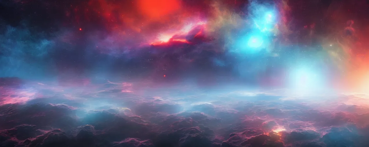 Image similar to warm colours, cinematic render of atmospheric deep space, glowing epicentre, volumetric lighting, cathrin machin