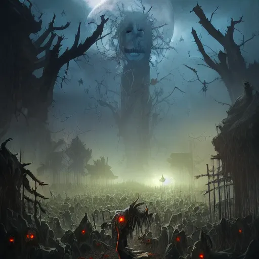 Image similar to A hoard of zombies approaching, Scary, Moonlit Night, 8k resolution matte fantasy painting, cinematic lighting, DeviantArt, Artstation, Jason Felix Steve Argyle Tyler Jacobson Peter Mohrbacher