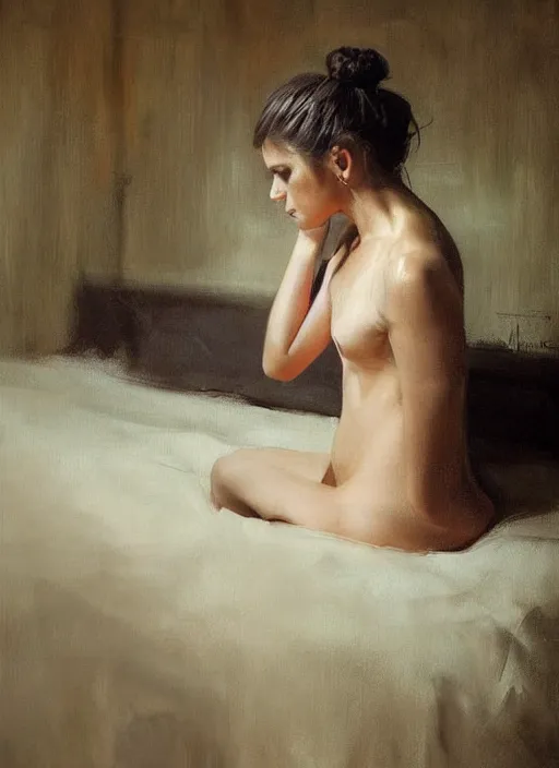 Prompt: beautiful portrait painting of a woman posing in an artistic pose holding her hair bun over a bed, by jeremy mann, only one head single portrait