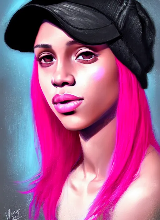 Image similar to portrait of teenage vanessa morgan with bright pink hair, black girl, vanessa morgan, curly pixie cut hair, wearing newsboy cap, newsboy cap, hoop earrings, intricate, elegant, glowing lights, highly detailed, digital painting, artstation, concept art, smooth, sharp focus, illustration, art by wlop, mars ravelo and greg rutkowski