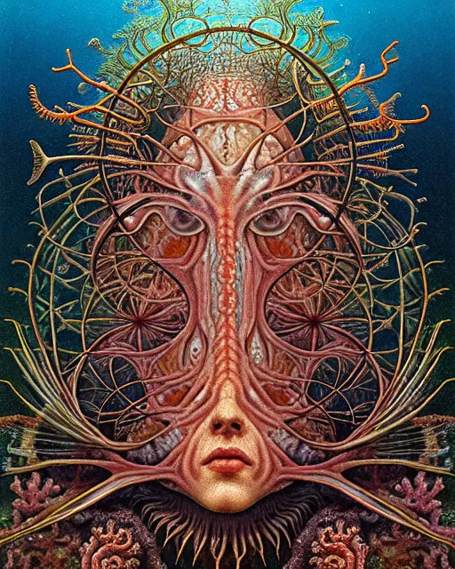 Image similar to realistic detailed underwater face portrait of the beautiful young god of the fish of the fractal waters with an intricate headgear of corals, sea kelp, sea plants, fish, starfish, jellyfish, art by ernst haeckel, zdzisław beksinski, hieronymus bosch, gothic, neo - gothic, ornamental, beautiful deep colours,