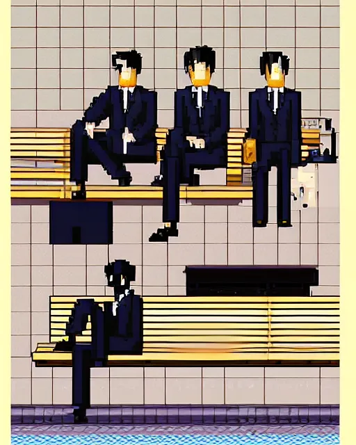 Image similar to three men in suits sitting on a bench, pixel art by hiroshi nagai and by guy billout and by philippe bouchet, cg society, pixel art, 2 d game art, # pixelart, ps 1 graphics