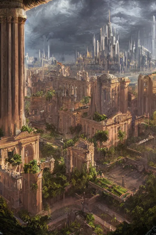 Image similar to gigantic palace, adorned pillars, towers, landscape, alex ross, neal Adams, david finch, concept art, matte painting, highly detailed, rule of thirds, dynamic lighting, cinematic, detailed, denoised, centerd