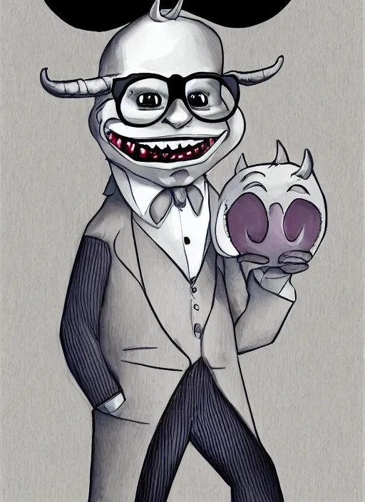 Prompt: a grinning devil dressed as an accountant, spectacles, digital art, character portrait, high quality, 8 k, detailed,