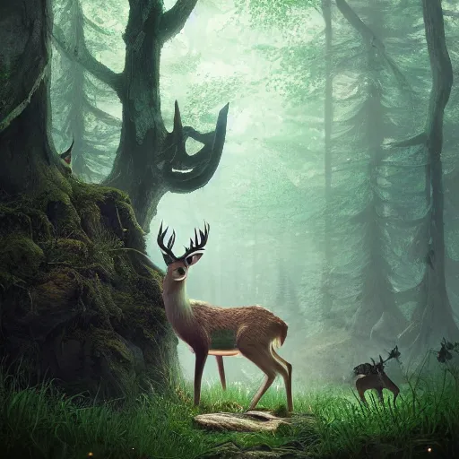 Prompt: deer in the forest cute, illustration, digital art, inspired by little big planet, by greg rutkowski, sharp, masterpiece, highly detailed, photorealistic, octane render, 8 k, unreal engine 5, trending on artstation, vivid colors