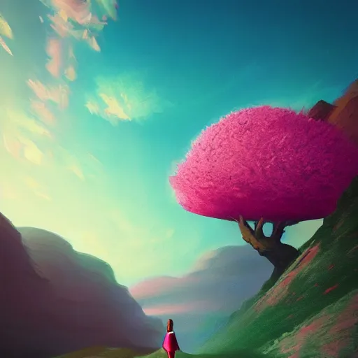 Image similar to giant cherry blossom flower as a head, girl walking in a canyon, surreal photography, sunrise, dramatic light, impressionist painting, colorful clouds, digital painting, artstation, simon stalenhag