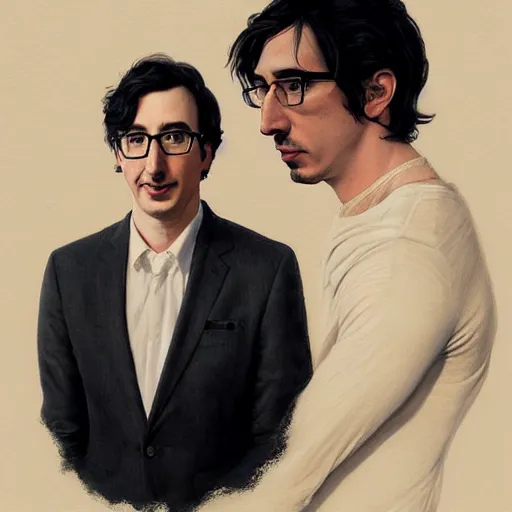 Image similar to painting of both john oliver and adam driver together, john oliver in front, full body, elegant, beautiful, highly detailed, centered, dark, smokey, digital painting, concept art, smooth, sharp focus, illustration, deviant art, art by artgerm, art by greg rutkowski, art by alphonse mucha