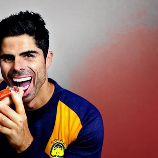 Prompt: a promo portrait of mikel arteta holding a delicious hot dog with mustard and ketchup up to the camera, happy, hyper detailed, fisheye lense, reuters