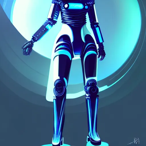 Prompt: full body shot, woman in futuristic combat costume with dark bobcut haircut with friendly blue eyes and slim features looking askance, cyberpunk bionics, retro - futurist style, intricate, elegant gleaming jewelry, angelic halo, highly detailed, digital painting, artstation, concept art, smooth, sharp focus, illustration, art by wlop, mars ravelo and greg rutkowski