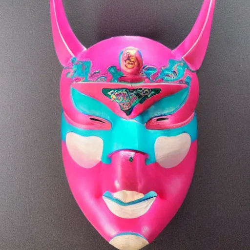 Prompt: japanese mask with dragon in background pink and teal color scheme