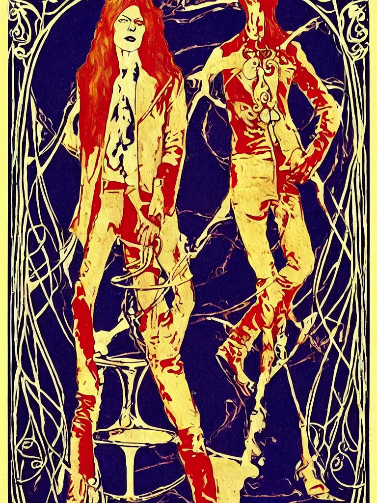 Image similar to art nouveau, David Bowie, one single figure, tarot card, The Vampire, leather jacket, jeans, long red hair, full body