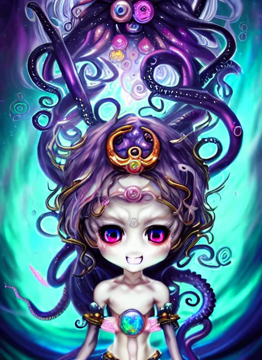 Prompt: A full shot of a chibi girl from the Abyss covered in opals and oil. Symmetrical. Underwater. Dark foreboding Atmosphere. Sailor Moon. Tentacles. Kawaii. Rainbows. Demon Horns, Angel Wings, By Lisa Frank and HR Giger and Ross Tran and ArtGerm and WLOP. Key Art. Fantasy Illustration. award winning, Artstation, intricate details, realistic, Hyperdetailed, 8k resolution. Photoreal. Octane Render.