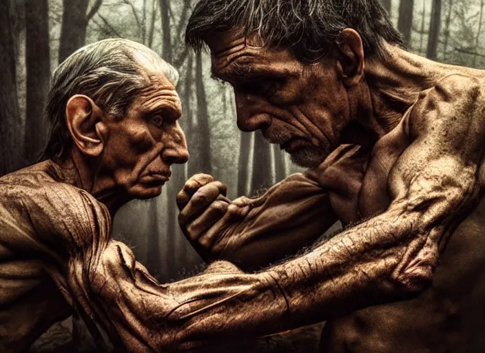 Image similar to photo, arm wrestlers, woodland location, stefan kostic and david cronenberg, realistic, sharp focus, 8 k high definition, intricate, chiaroscuro, elegant, perfect faces, symmetrical face, extremely detailed, hypnotic eyes, realistic, fantasy art, masterpiece zdzislaw beksinski, national geographic, artgerm