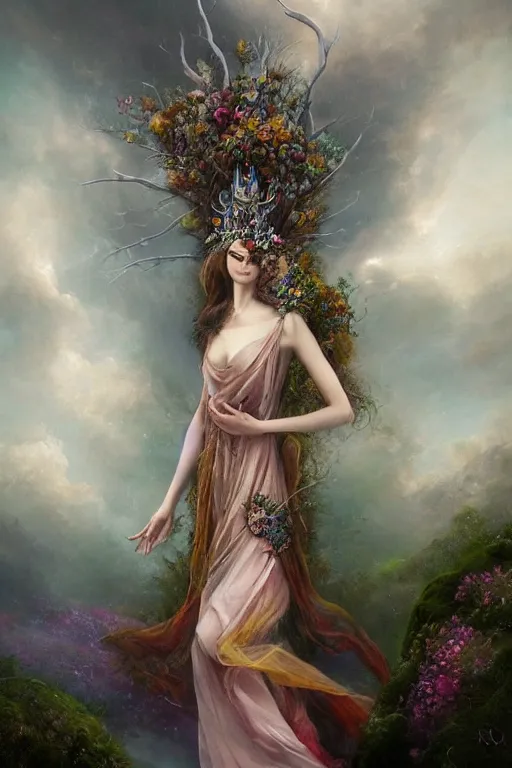 Image similar to fine art photo of the beauty goddess catriona balfe, she is wearing a mystical long gown she has a crown of stunning flowers and gemstones, background full of stormy clouds, by peter mohrbacher