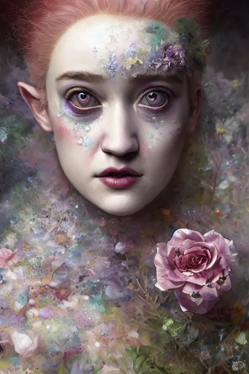 Image similar to closeup portrait shot of julia garner as delirium of the endless, the sandman, the fairy queen, floral growth, thick fancy makeup, highly detailed, digital painting, artstation, concept art, soft focus, depth of field, artgerm, tomasz alen kopera, peter mohrbacher, donato giancola, wlop, boris vallejo