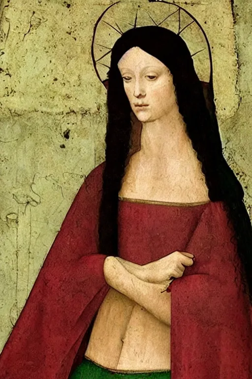 Image similar to a fresco of a renaissance Portrait of slim shapely pale young queen jezebel wearing gilded red robes, long black hair, green eyes, painted by Leonardo da Vinci