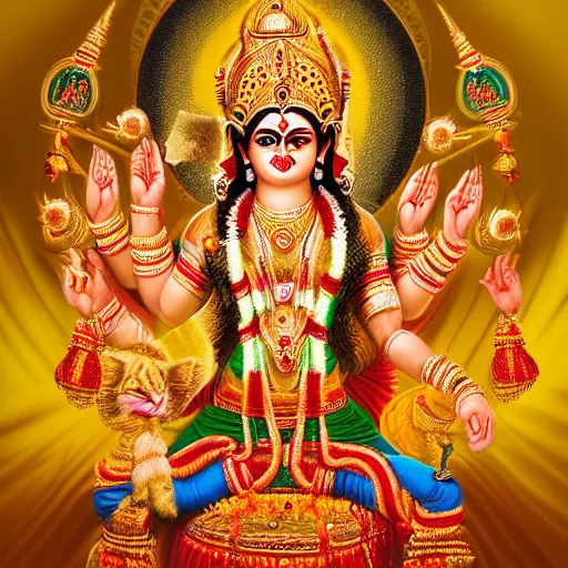 Image similar to portrait of maa durga with ten hands, ultra realistic photography, highly detailed, photorealistic, octane render, 8 k, unreal engine