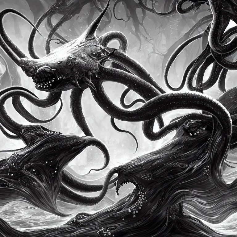 Image similar to black and white, returnal biome, sea enemies, extra teeth, tentacles, highly detailed, digital painting, artstation, concept art, sharp focus, illustration, unreal engine 5, 8 k