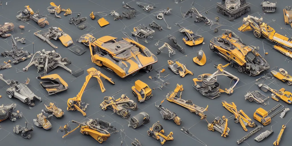 Image similar to collection of exploration of form and shapes, props, hard surface, panel, simon stalenhag, kitbash, items, gadget, big medium small, close up, vehicles, futuristic, parts, machinery, greebles, insanely detailed, case, hardware, golden ratio, wes anderson color scheme