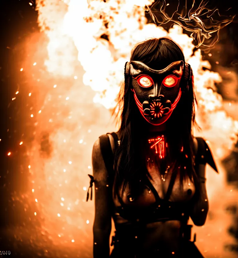 Image similar to a photo close up cyberpunk woman, wearing demon mask, fire dance in cyberpunk dirty alley, smoke mist rain, cyberpunk gunma prefecture, midnight, photorealistic, cinematic color, studio lighting, highly detailed, bokeh, style by tomino - sama